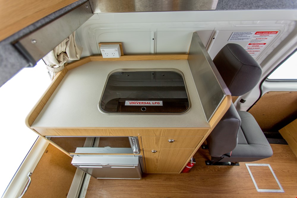 Cheapa Endevour Cooking Area - RV Rental Sydney - Campervan Rental Shop