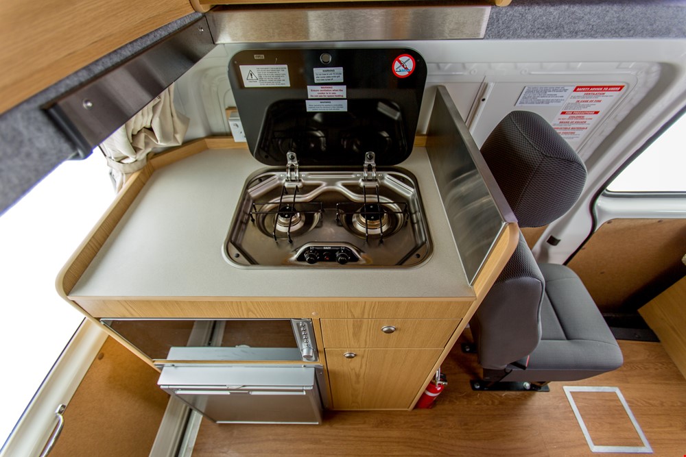 Campervan Cooking Area Top View - Camper Rental Launceston - Campervan Rental Shop